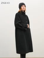 ZIQIAO Petite-Friendly Notched Collar Wool Tweed Oversized Coat 2025 Winter New Arrival Double-Breasted Women's Wool Overcoat