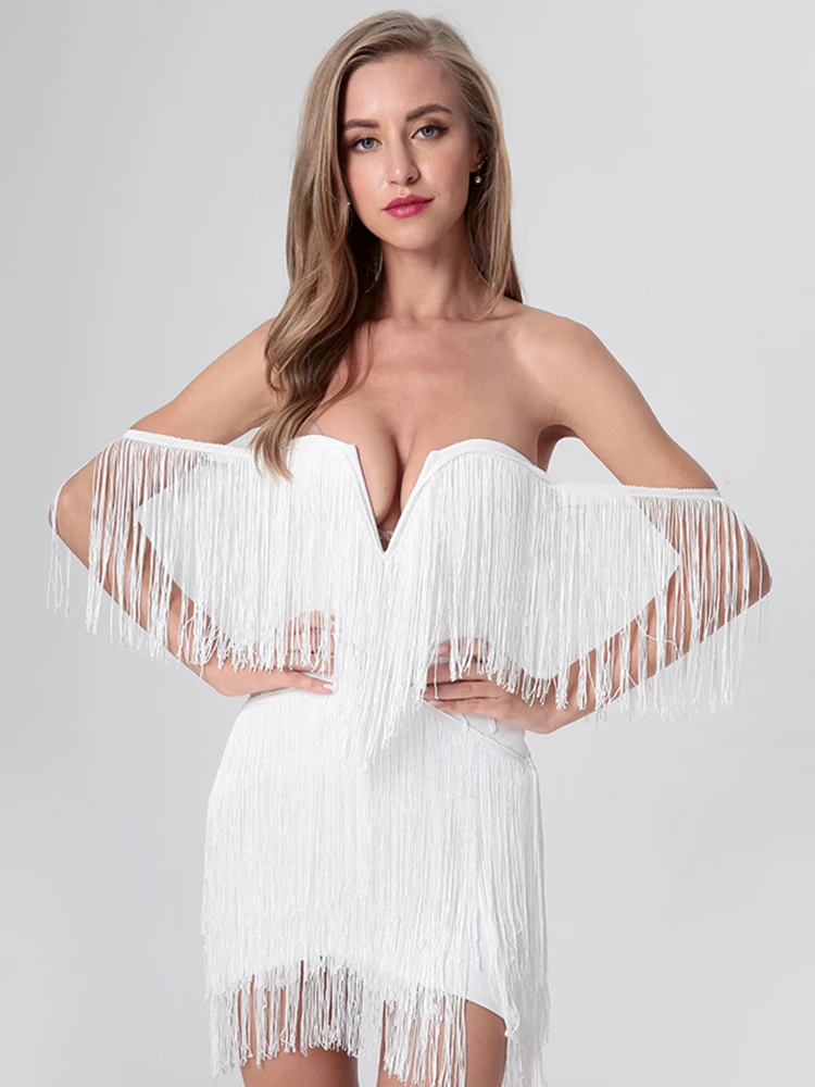 kf-Udb367fe0d2c74c5fbcb8110e70c805f0L Summer Women Off Shoulder Bandage Dress Sexy Strapless Tassel Night Club Celebrity Evening Party Mini Bodycon Dress Vestido - Image 1