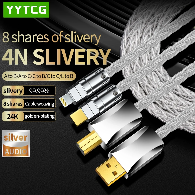 kf-S0010fb8d8f064f88a44d20ef4cca7bf80 HiFi Lightning to Type B USB Cable Hi-end Pure Silver OTG Type A to Type B, A-C,C-B, C-C USB Cable for Amplifier DAC - Image 1