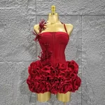 2025 New Red Color Women Sexy Halter Full Florals 2 Pieces Bodycon Mini Bandage Dress Celebrate Nightclub Party Birthday Dress