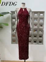DFDG Women’s 2025 Spring Summer Beading Halter Velvet Sequin Dress Sparkling Bodycon Stretch Slip One Step Cocktail Party Dress