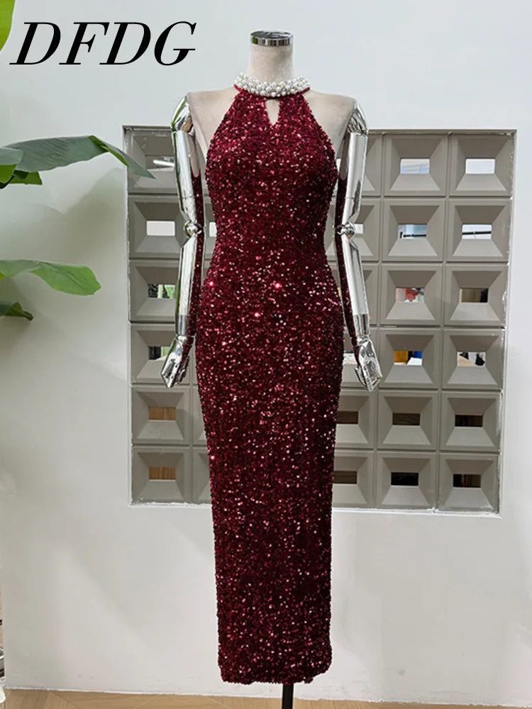 kf-S12d33724f13a476483587819d7589794B DFDG Women’s 2025 Spring Summer Beading Halter Velvet Sequin Dress Sparkling Bodycon Stretch Slip One Step Cocktail Party Dress - Image 1