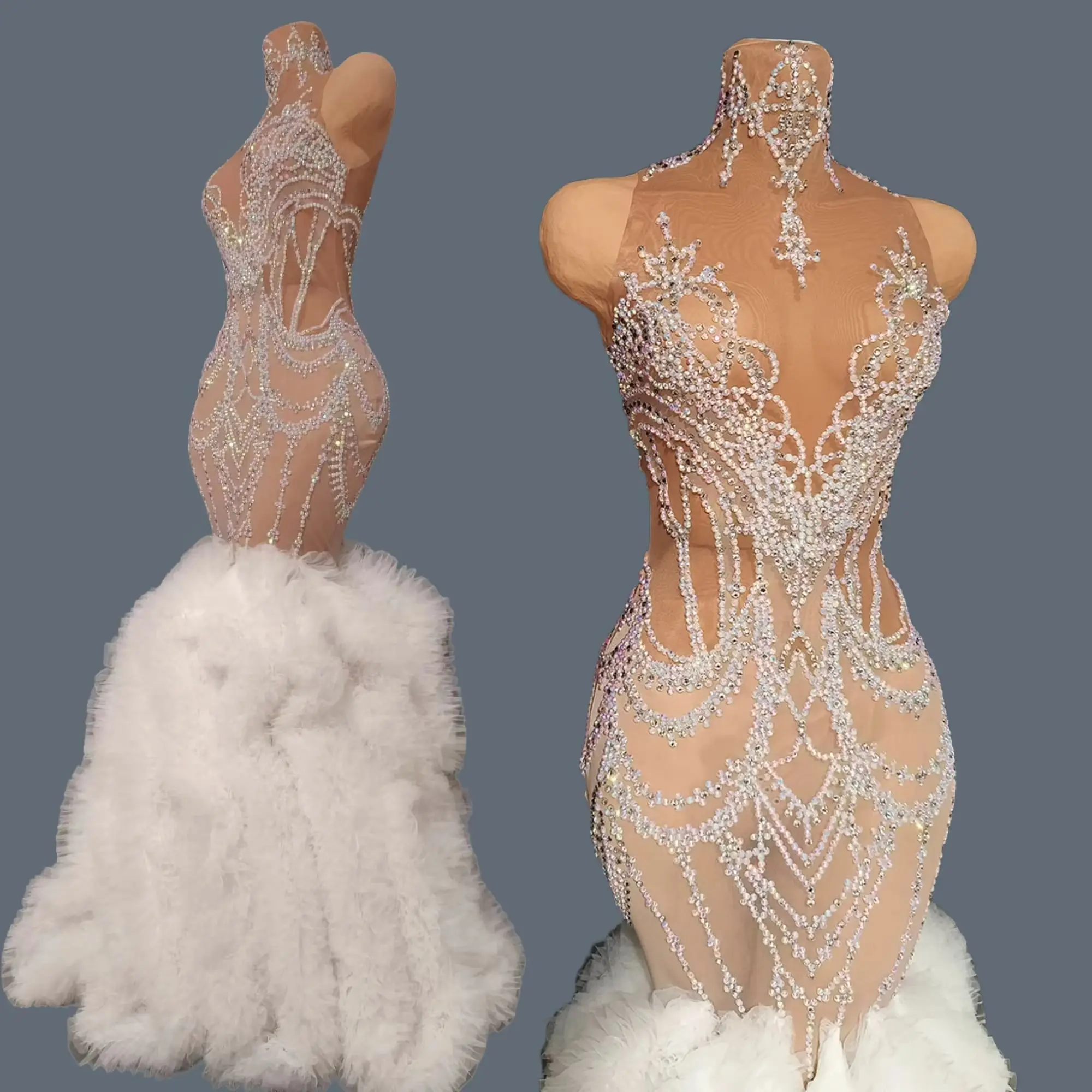 kf-S5972f608328a40e1ad37b2675ec6a4333 Birthday Celebrate Party Sparkly Rhinestone Evening Gown Sexy Elegant See Through Mesh White Mermaid Dress Long Dress Gongzhu - Image 1