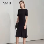 AMII Womens Dresses 2025 Summer Office Lady Short Sleeve Slash Neck Solid Fishtail Skirt Dress Ladies Elegant Fashion 12542282