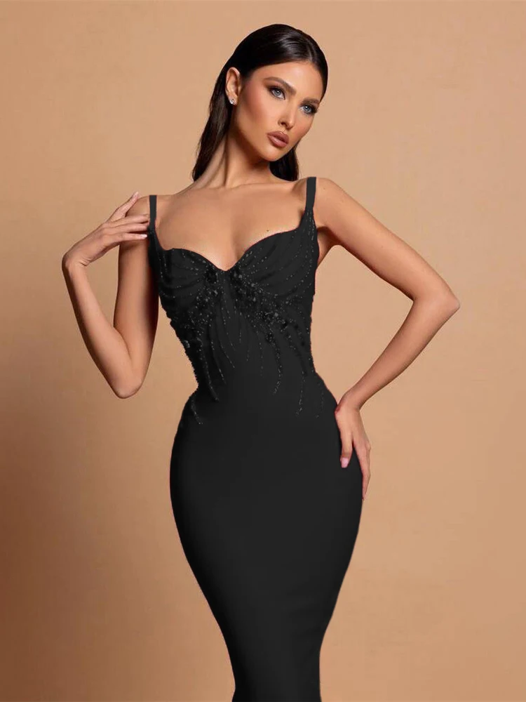kf-S8d214a7635a44bf98c09978f5191d3dcE Sexy Spaghetti Strap Beading Bandage Dress Women Black Red Sleeveless V Neck Beaded Long Bodycon Dresses Evening Celebrity Party - Image 1