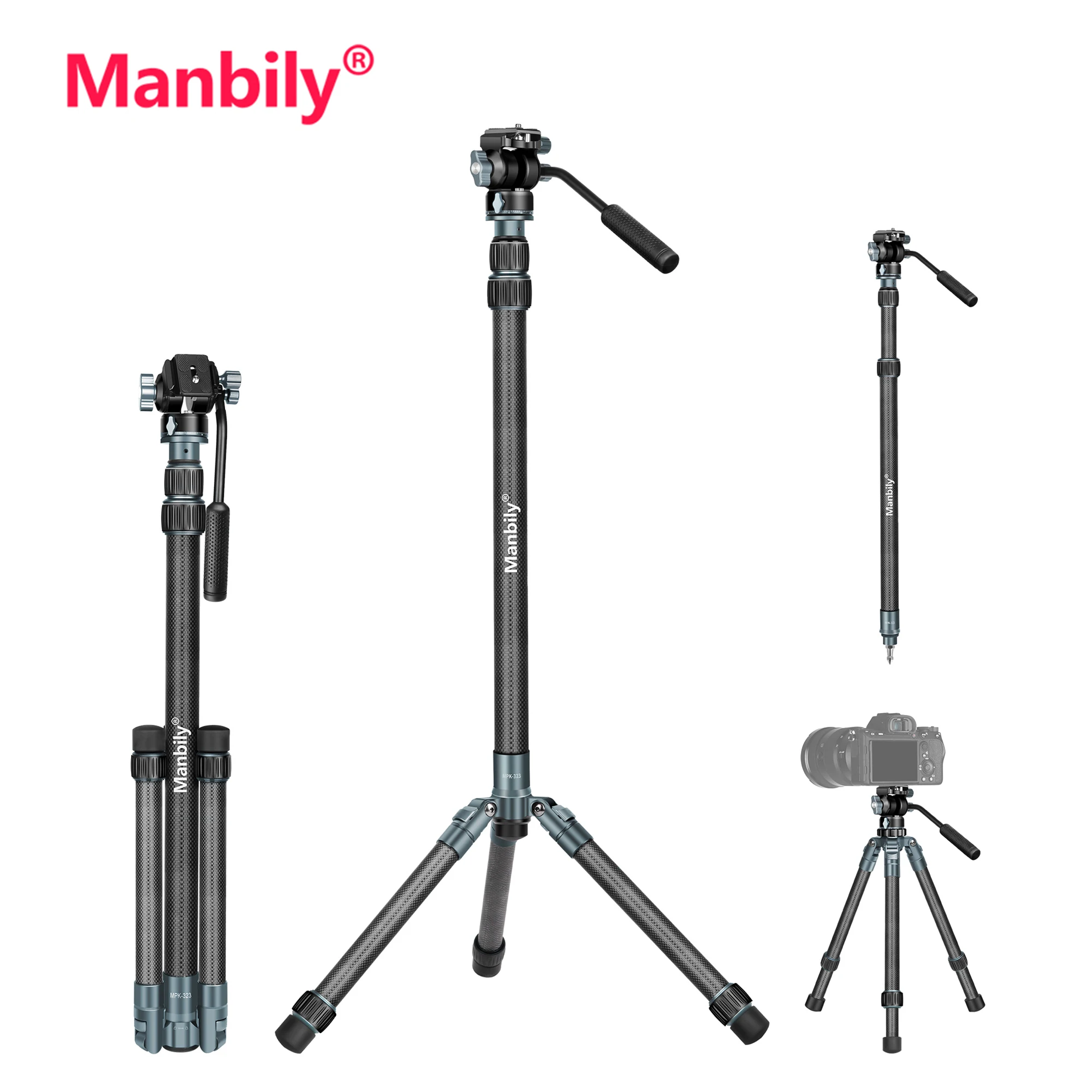 kf-S971bb1470c5249c3b6e4f5d950ba4363M Manbily Carbon Fiber Tripods Camera Monopod with Feet & Fluid Head for Travel Selfie 67” 187CM MPK-323 (Grey) - Image 1