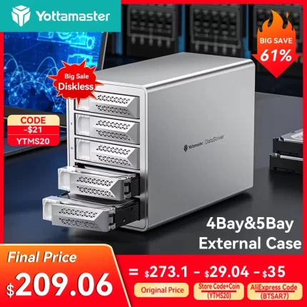 Yottamaster 2.5/3.5" SATA HDD SSD Enclosure 150W Power Type-C 10Gbps HD External Case USB3.1 Daisy Chain Hard Drive Storage Box