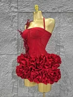 2025 New Red Color Women Sexy Halter Full Florals 2 Pieces Bodycon Mini Bandage Dress Celebrate Nightclub Party Birthday Dress - Image 2