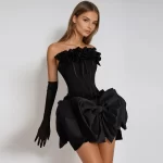 Chic Flower Bow Little Black Mini Dress with Gloves 2026 New Corset Short Prom Party Dresses Event Gala Gown Women Formal Dress