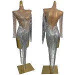 Sexy Ladies Latin Dance Team Wear Drag Queen Performer Outfit Party See Through Mesh Sparkly Rhinestone Pearls Mini Dress Fumao
