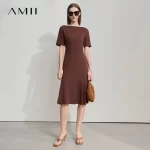 AMII Womens Dresses 2025 Summer Office Lady Short Sleeve Slash Neck Solid Fishtail Skirt Dress Ladies Elegant Fashion 12542282 - Image 3