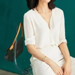 Birdtree 19MM 95% Real Silk 5% Spandex Blouse Women Soft Button V-neck Long Sleeve Solid Shirt Tops Spring Summer T36778QC - Image 3