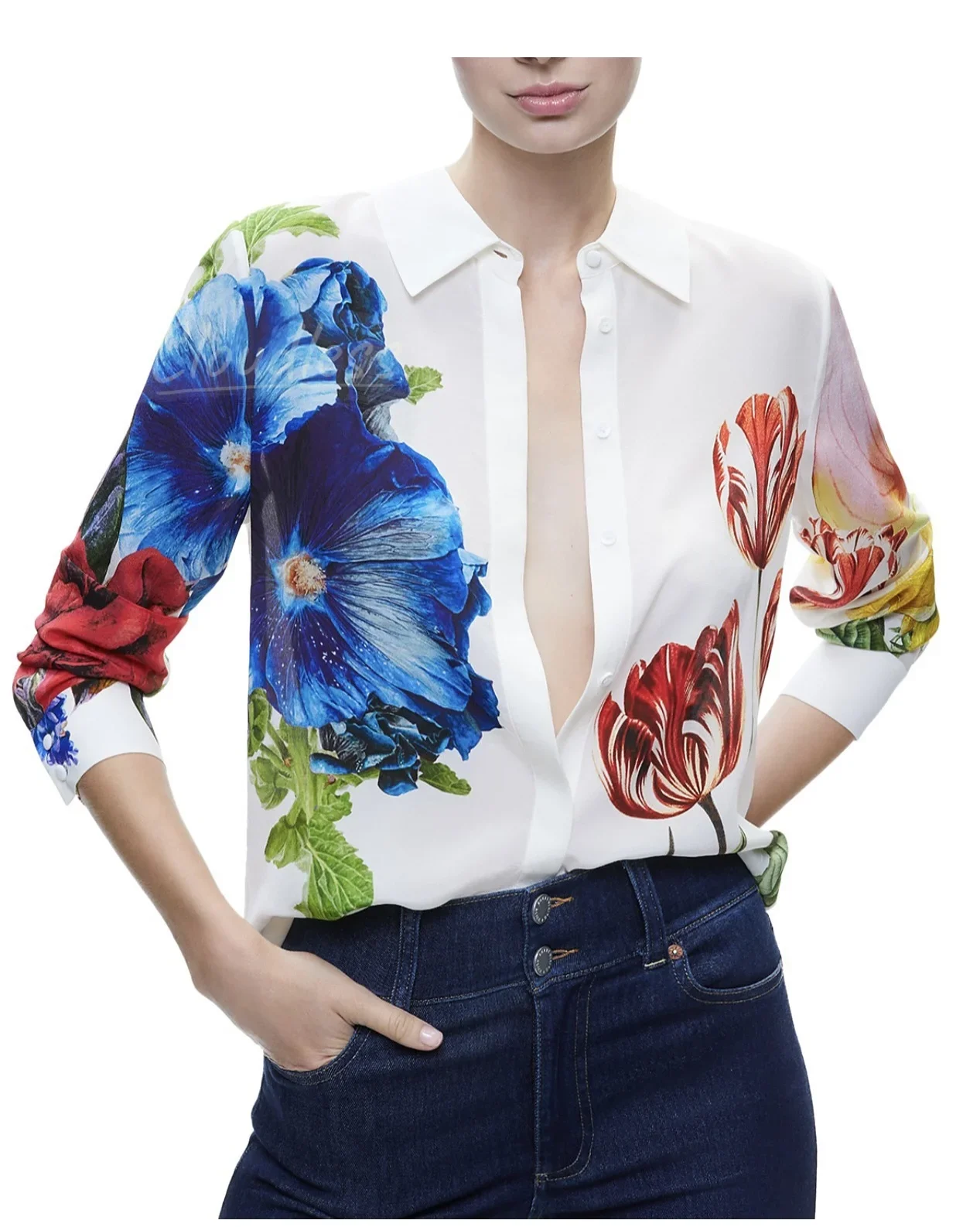 kf-S027f580b50c14f1398ba3d43d60cc7dfi Positioning Flower Printing Women Fashion Shirt Single Breasted Long Sleeve Turn-down Collar Elegant Ladies 100% Silk Blouse - Image 1