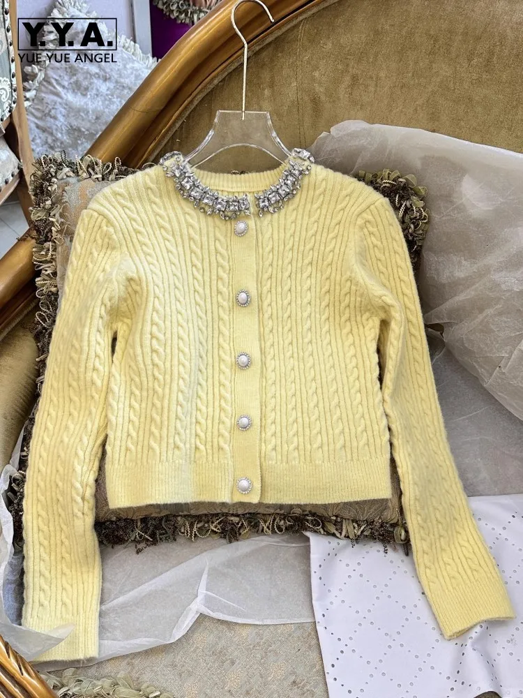 kf-S04e2c6bd7ead47948e44feb2722183f5y Fashion Diamonds Designer Women Knitted Cardigan Short Tops Long Sleeve Autumn Single Breasted Slim Fit Sweet Ladies Sweater - Image 1