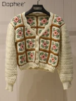 Sweet Floral Embroidery Patchwork Color V-Neck Knitted Short Cardigan Women Autumn Winter High-End Elegant Socialite Cardigan