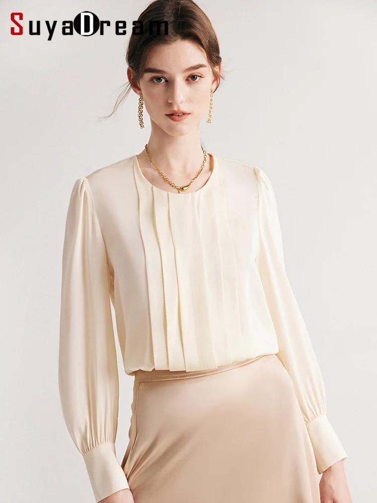 kf-S14bb1a34d7264b26afaf83ecc333998a3 SuyaDream Women's Silk Blouse, 90% Silk 10%Spandex, Round Collar Chic Shirts, Elegant Top, Spring Autumn 2026 - Image 1