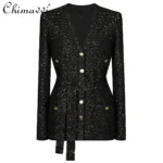 2025 Spring and Autumn New High-end Fashion Long-sleeved Sequined Knitted Cardigan Elegant Commuter V-neck Cardigan Top Jacket - Image 2