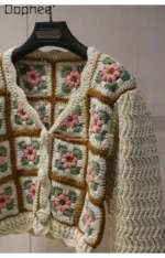 Sweet Floral Embroidery Patchwork Color V-Neck Knitted Short Cardigan Women Autumn Winter High-End Elegant Socialite Cardigan - Image 3