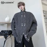 LUZHEN Original Buttoned Decorate Double Zipper Design Knitted Cardigan Men's 2025 New High Quality Stand Neck Sweater JY4422