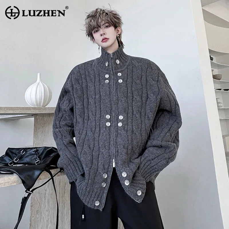 kf-S2ad8ed8150474dec903b709505c43d08M LUZHEN Original Buttoned Decorate Double Zipper Design Knitted Cardigan Men's 2025 New High Quality Stand Neck Sweater JY4422 - Image 1