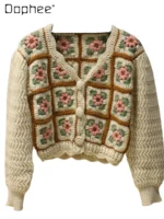 Sweet Floral Embroidery Patchwork Color V-Neck Knitted Short Cardigan Women Autumn Winter High-End Elegant Socialite Cardigan - Image 6