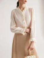 SuyaDream Woman Shirts 100%Mulberry Silk V Nec Ruffles Solid Chic Blouses 2023 Spring Summer Office Lady Top - Image 5