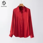Birdtree,93% Real Silk Solid Blouse,Women's Silk Stretch Satin Lapel Tops,Full Sleeve,Single Breasted Shirt,2025 New T5D610JF