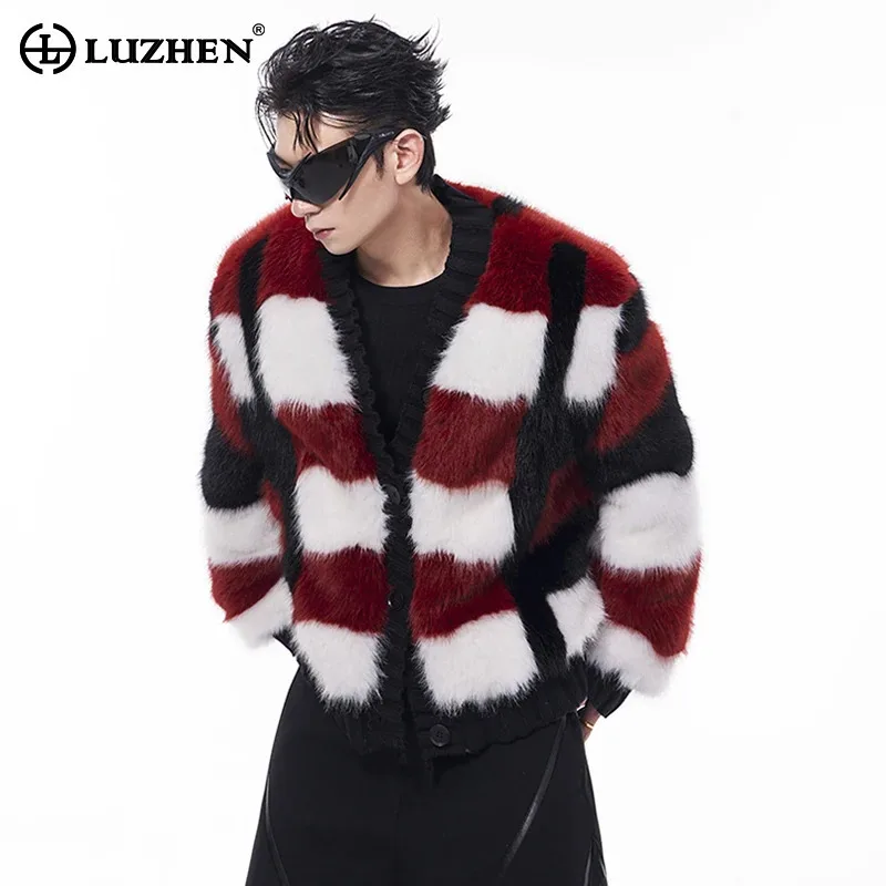 kf-S37b77b783192466abac12a85409c9ce31 LUZHEN Imitation Sweater High Fur End Jacket Men's Collarless Spring Thickened Knitted Color Contrast Casual Men's Tops JY5465 - Image 1