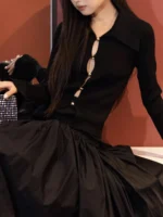 Black hollowed-out knitted sweater top for women, sexy, elastic and fitted long-sleeved cardigan for women, Spring 2026 new - Image 2