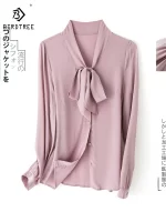 Birdtree 100% Real Silk Women's Blouse Office Lady Work Bow Long Sleeve Elegant Shirts 2023 Spring Summer Solid Tops T37754QC