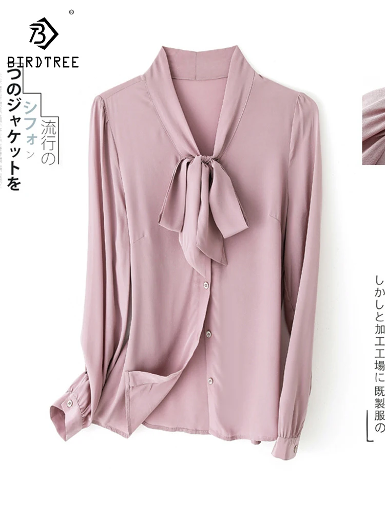 kf-S4d0520e26457487cb56299bdb808ca4b0 Birdtree 100% Real Silk Women's Blouse Office Lady Work Bow Long Sleeve Elegant Shirts 2023 Spring Summer Solid Tops T37754QC - Image 1