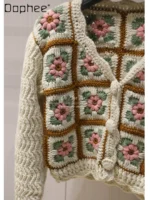 Sweet Floral Embroidery Patchwork Color V-Neck Knitted Short Cardigan Women Autumn Winter High-End Elegant Socialite Cardigan - Image 2