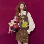 ELFSACK Women Knit Cardigan 2026 Winter Lapel Shirt V-Neck Vest Puff Sleeve Cartoon Print Casual Knit Top - Image 2