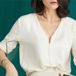 Birdtree 19MM 95% Real Silk 5% Spandex Blouse Women Soft Button V-neck Long Sleeve Solid Shirt Tops Spring Summer T36778QC - Image 2