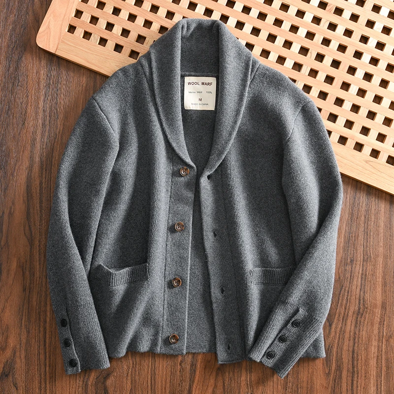 kf-S6155a15e938d479b9102e8652af9fba4U 100% Merino Wool Men's Knit Cardigan with Shawl Collar Premium Autumn/Winter Sweater Jacket 2025 Autumn Winter - Image 1