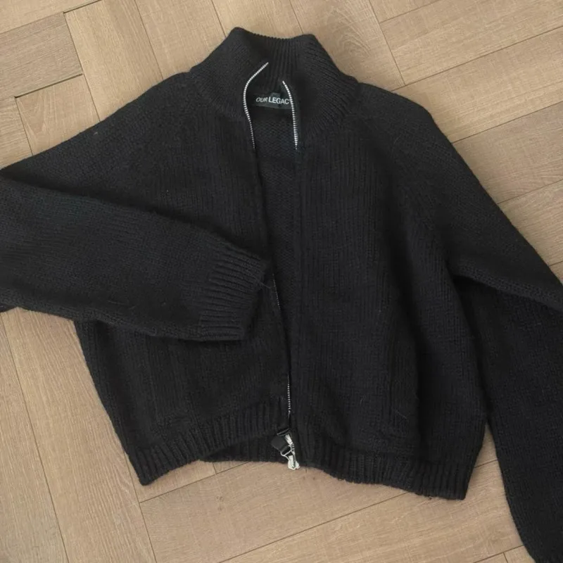 kf-S6945c763addd4e848e9a6bf98c79d3040 Winter Fashion Street Blank Black OUR LEGACY Sweater Minimalist Stand Collar Two-Way Zipper Cardigan Knitted Jacket Men Women - Image 1