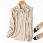 High Quality Women's Real Silk Blouse Tops 93% Mulberry Silk Lace-up Bow Collar OL Style Female Long Sleeve Casual Shirts Luxury - Image 2