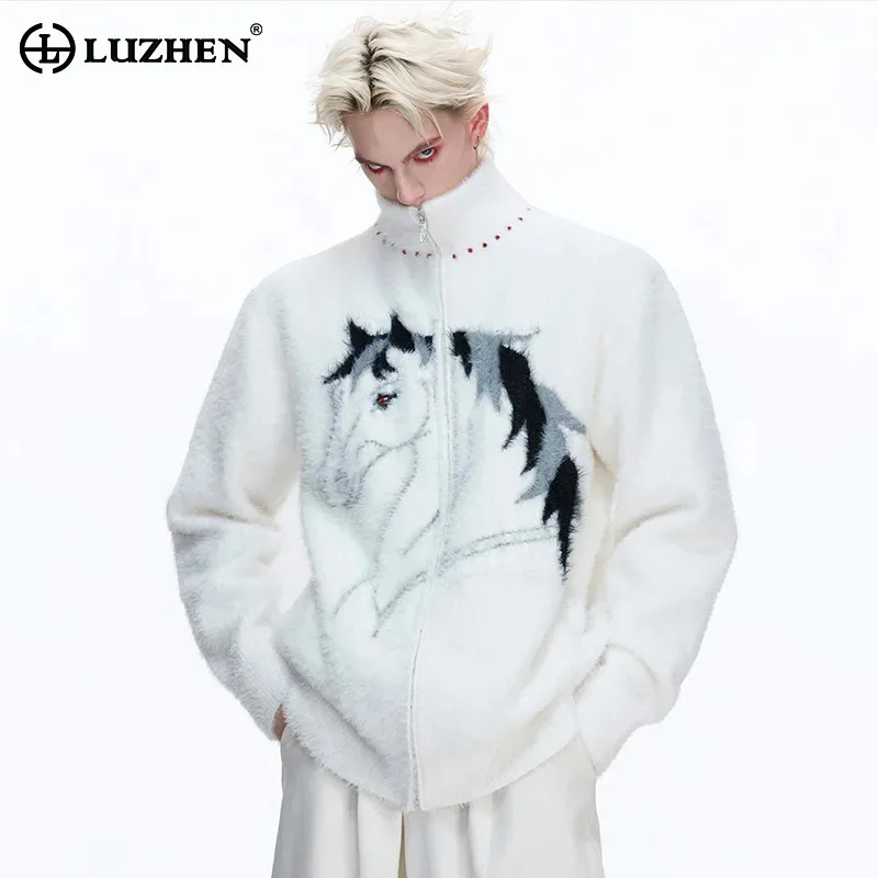 kf-S7b5a6b38e7ca45eb894ea2ae5ebbabd01 LUZHEN 2026 Winter Original Fleece Patchwork Pattern Stand Neck Handsome Sweaters Men's Fashion High Quality Loose Coat JY5807 - Image 1