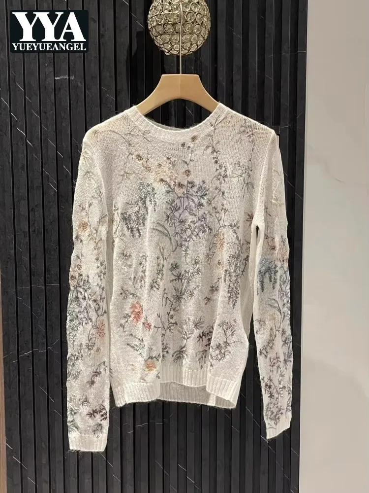 kf-S7fdfd67914924955b8b603506c74fb11I Fashion Designer Women Floral Embroidery Pullover Sweater Tops Elegant Ladies Long Sleeve O Neck Woolen Holiday Knitted Jumpers - Image 1
