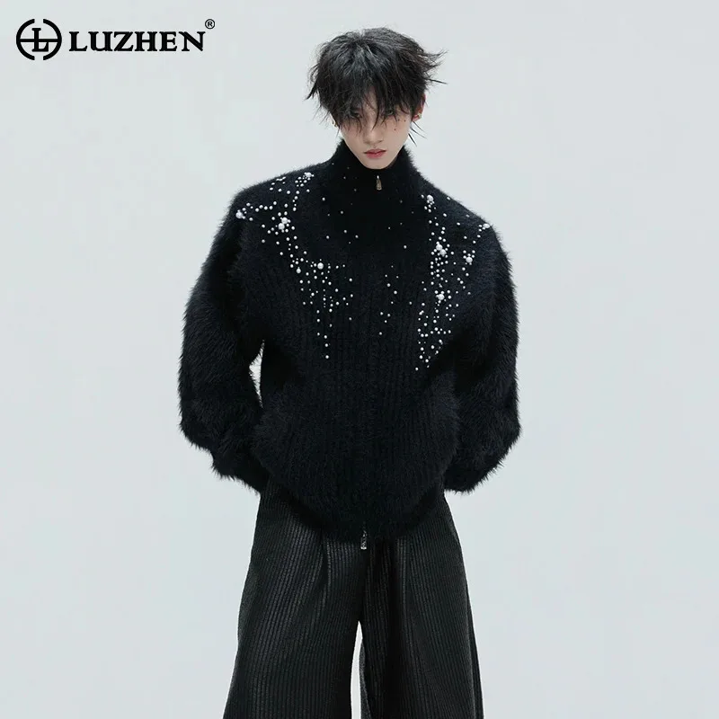 kf-S96ff85dcede8481b8a0ff58215adfe835 LUZHEN High Quality Elastic Sleeve Knitted Cardigan Double Zipper Design Men's Fashion Handsome Pearl Decorate Sweater JY4798 - Image 1