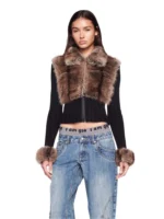Ia Eco-Friendly Fur Patchwork Women's Jacket, Lapel Zipper Knit Sweater Cardigan, Warm and Trendy Style
