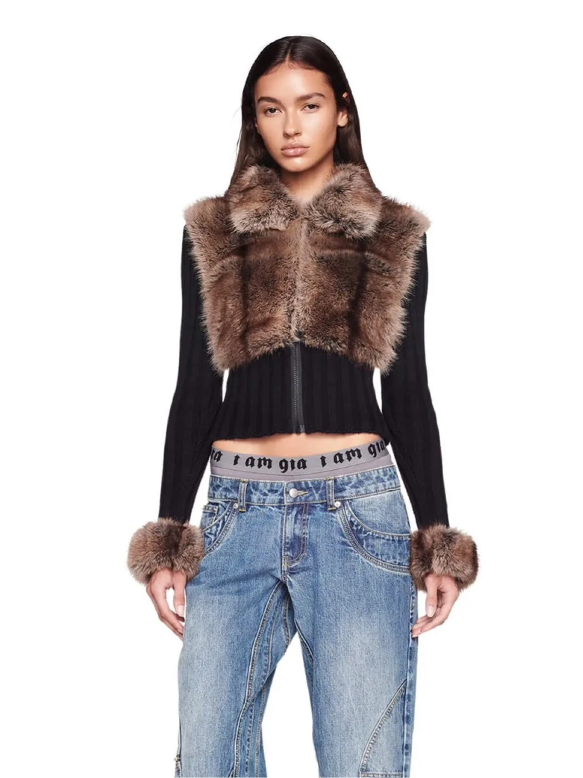 kf-S9ef54214be1b45cbb965387f680f8aa7o Ia Eco-Friendly Fur Patchwork Women's Jacket, Lapel Zipper Knit Sweater Cardigan, Warm and Trendy Style - Image 1