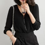 Birdtree 19MM 95% Real Silk 5% Spandex Blouse Women Soft Button V-neck Long Sleeve Solid Shirt Tops Spring Summer T36778QC - Image 4