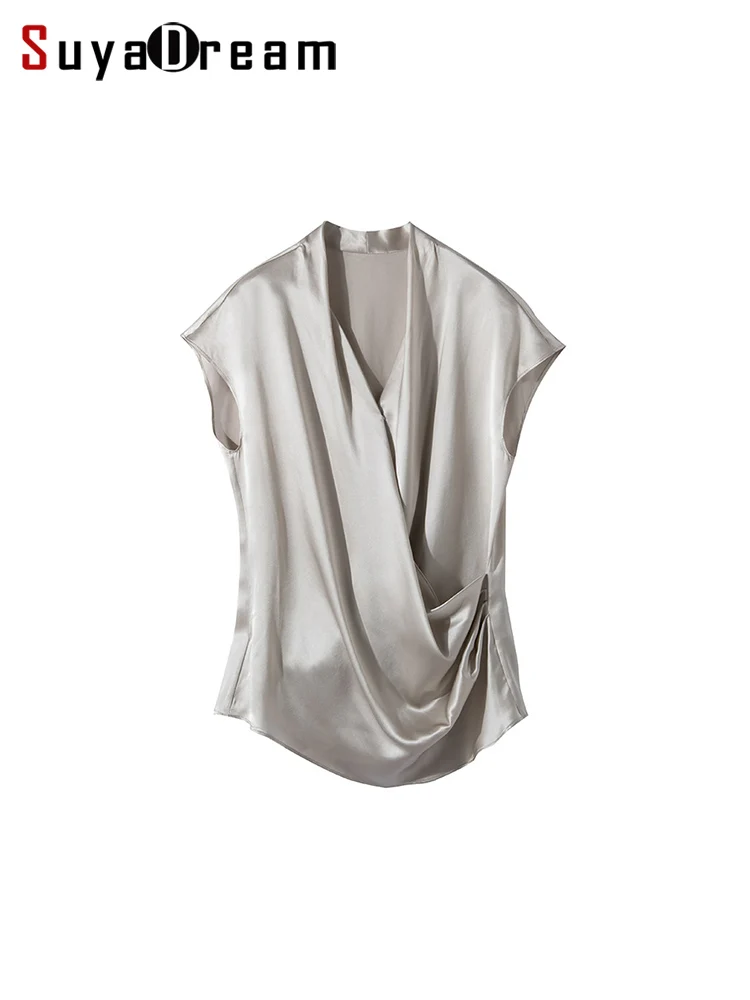 kf-Sa772e2cf8c0f44b5ad93f531369140b9q SuyaDream,Women Silk Blouses, 100%Real Silk, Bat Sleeves, V Neck, Solid Chic Shirts, 2024 Spring Summer Office Lady Top, White - Image 1