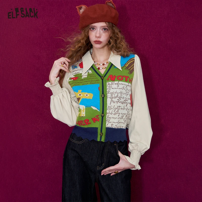 kf-Sadaa247eb0e144849bbce77221a54c6bB ELFSACK Women Knit Cardigan 2026 Winter Lapel Shirt V-Neck Vest Puff Sleeve Cartoon Print Casual Knit Top - Image 1