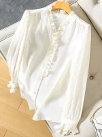 SuyaDream Woman Shirts 100%Mulberry Silk V Nec Ruffles Solid Chic Blouses 2023 Spring Summer Office Lady Top - Image 6