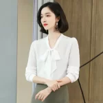 Birdtree 100% Real Silk Women's Blouse Office Lady Work Bow Long Sleeve Elegant Shirts 2023 Spring Summer Solid Tops T37754QC - Image 2