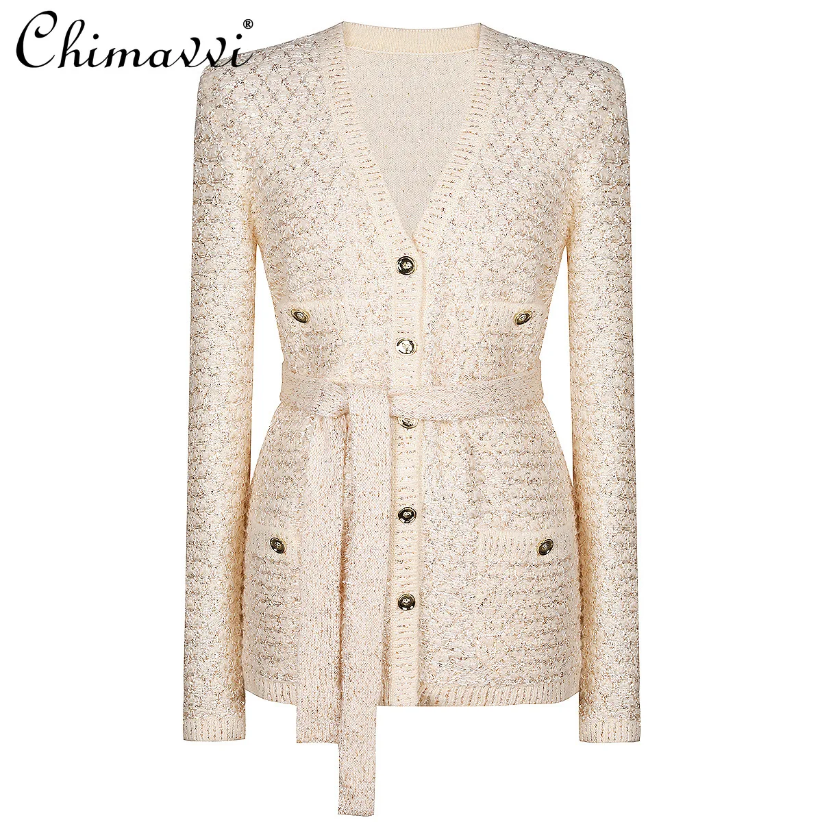kf-Sc696c25dfac54cb890b9e12424fac9a6S 2025 Spring and Autumn New High-end Fashion Long-sleeved Sequined Knitted Cardigan Elegant Commuter V-neck Cardigan Top Jacket - Image 1