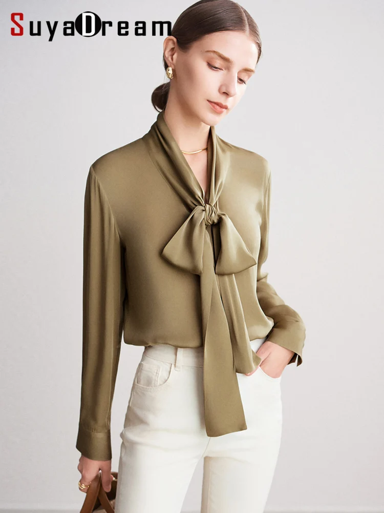 kf-Sc7858d7d16214fbeaf29375430b6f61bV SuyaDream Women's Silk Blouse Long Sleeve Bow Collar Office Chic Solid Color Shirt 93% Silk 7% Spandex Spring 2025 - Image 1