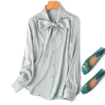 High Quality Women's Real Silk Blouse Tops 93% Mulberry Silk Lace-up Bow Collar OL Style Female Long Sleeve Casual Shirts Luxury - Image 4